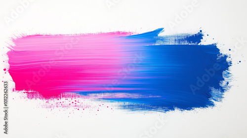 A straight brushstroke transitioning from vibrant fuchsia to soft sky blue, creating a striking contrast between the bold and serene hues, placed on a clean white background.