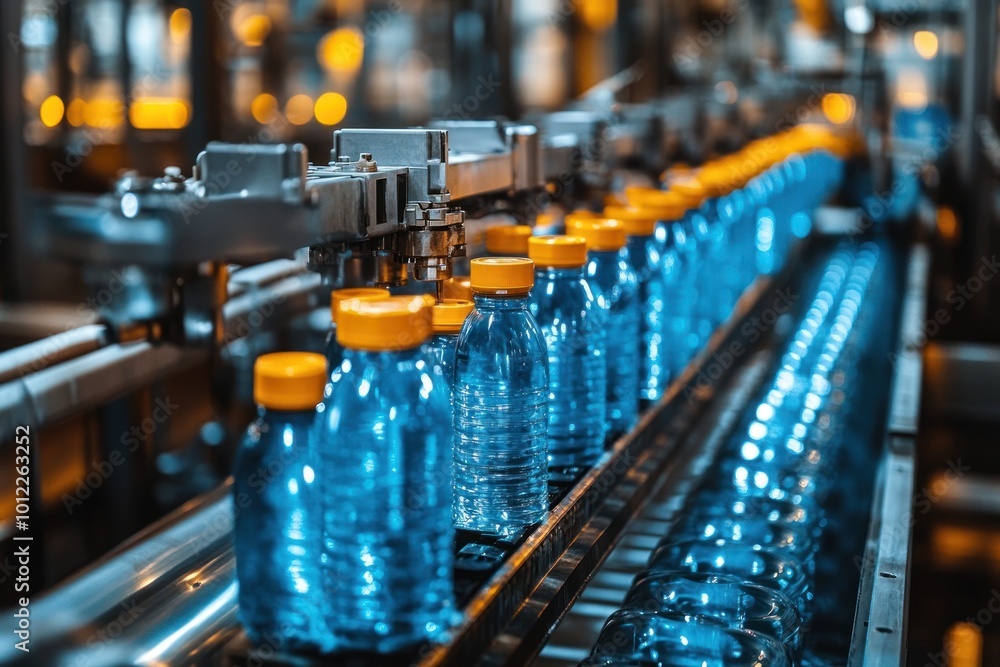 Bottles of water moving along a conveyor belt in a factory setting. Bottles of water moving along a conveyor belt in a factory setting.