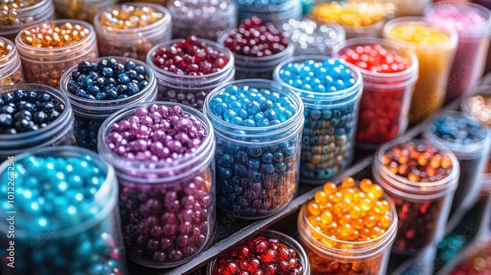 Colorful beads in jars on shelf. Colorful beads in jars on shelf.