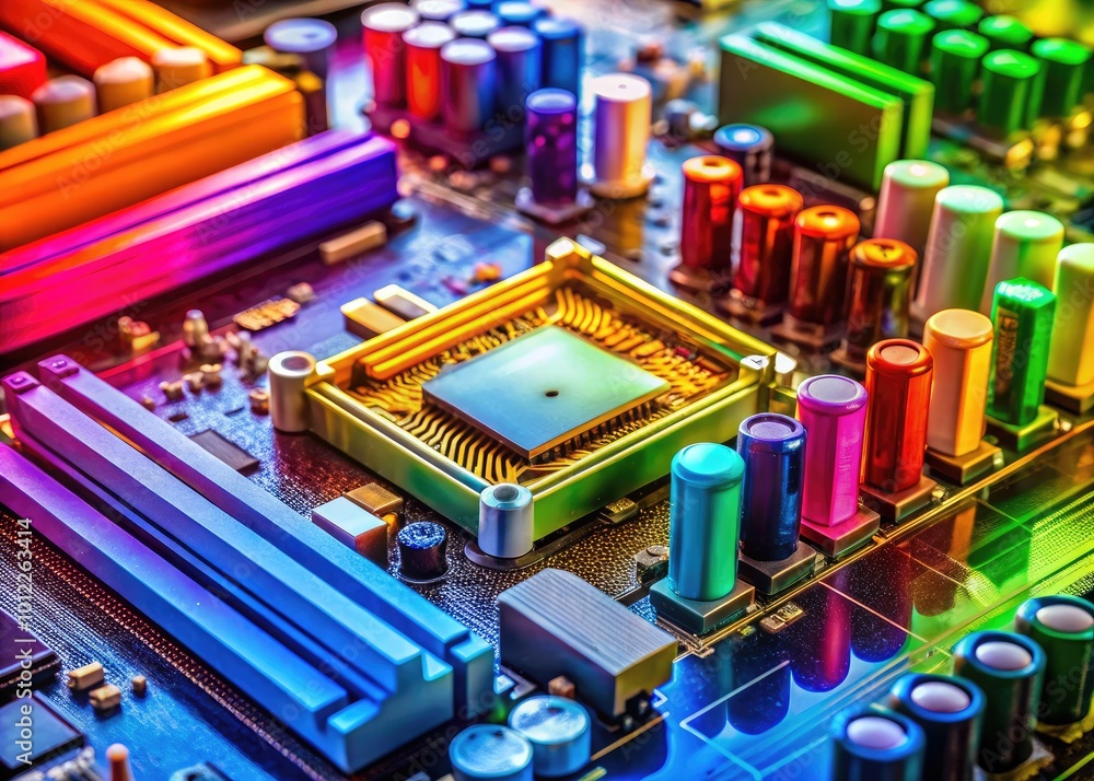 High-Resolution Close-Up of a Computer Motherboard with Colorful Components and Circuitry Details High-Resolution Close-Up of a Computer Motherboard with Colorful Components and Circuitry Details