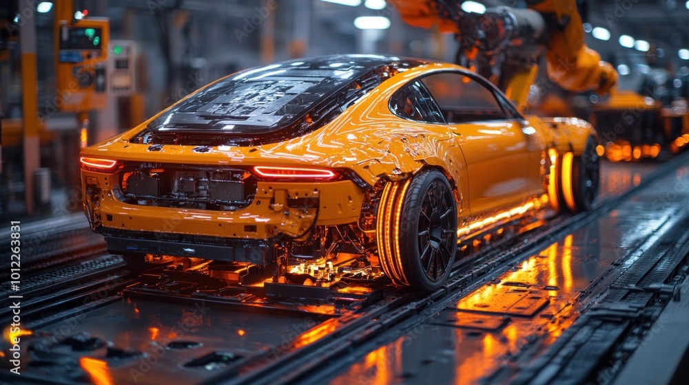 A yellow car being assembled on an automated car production line, with a robotic arm in the background. A yellow car being assembled on an automated car production line, with a robotic arm in the background.