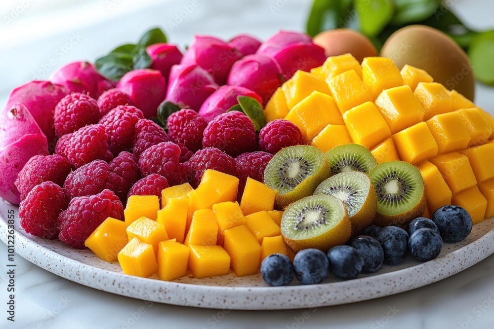 A platter of fresh fruit including dragon fruit, raspberries, mango, kiwi and blueberries on a white background. A platter of fresh fruit including dragon fruit, raspberries, mango, kiwi and blueberries on a white background.