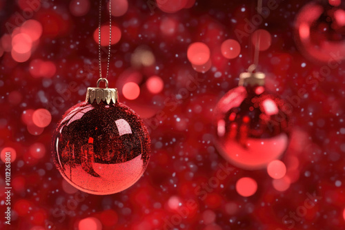 Red Christmas balls on a red background, adding a festive touch to the decor.