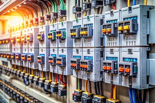 High-resolution images of circuit breakers on electrical panels in industrial and residential settings photo