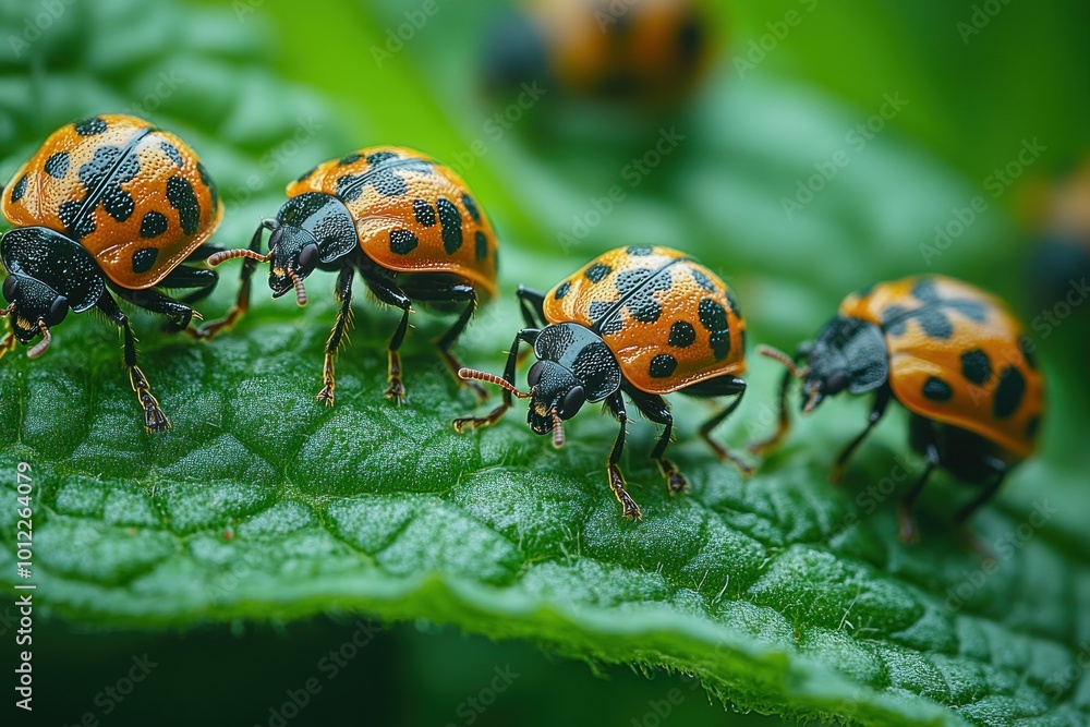 Fototapeta premium Four ladybugs crawl in a line on a green leaf.