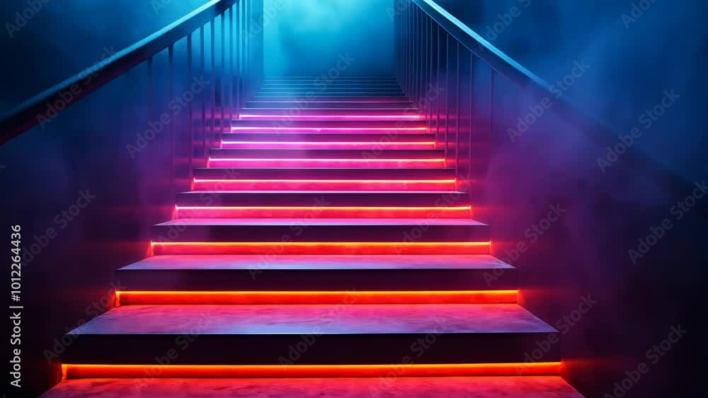 Staircase with neon lights and fog, futuristic ambiance. Modern design and architectural concept Staircase with neon lights and fog, futuristic ambiance. Modern design and architectural concept