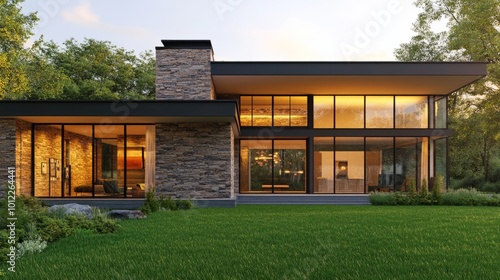 modern house with stone facade, large windows and green lawn generative ai