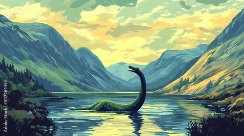 A pixelated loch ness monster emerges from the depths of the scottish highlands. Scottish Highlands. Illustration photo