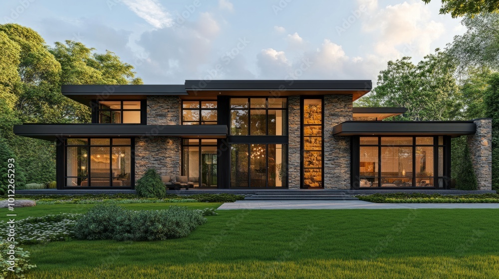 modern house with stone facade, large windows and green lawn generative ai modern house with stone facade, large windows and green lawn generative ai