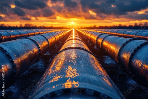 A line of large metal pipes leading to a sunset in the distance, with a focus on the pipes in the foreground.