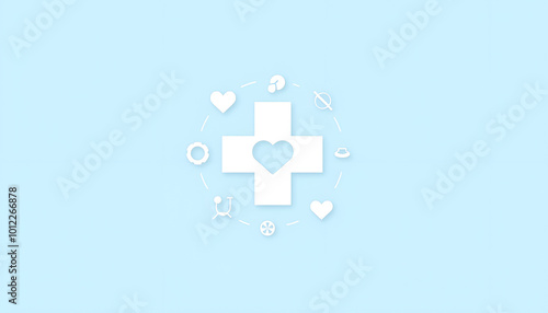 White medical cross with heart and health icons, clean style, on light blue background, health concept, copy space