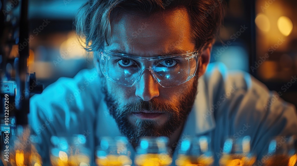 A focused scientist in a lab looking intently at test tubes. A focused scientist in a lab looking intently at test tubes.