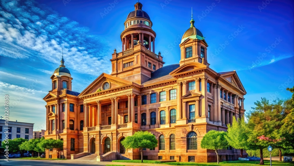 Fototapeta premium Historic Fort Worth Texas Courthouse with Beautiful Architecture Against a Clear Blue Sky