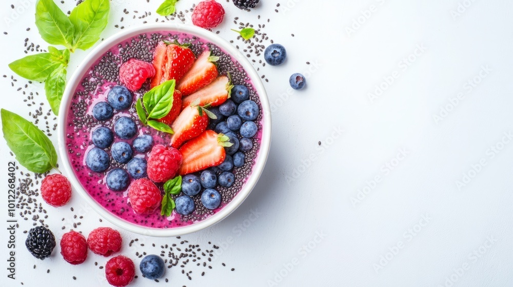 Acai bowl with fresh fruits and chia seeds, white background generative ai Acai bowl with fresh fruits and chia seeds, white background generative ai