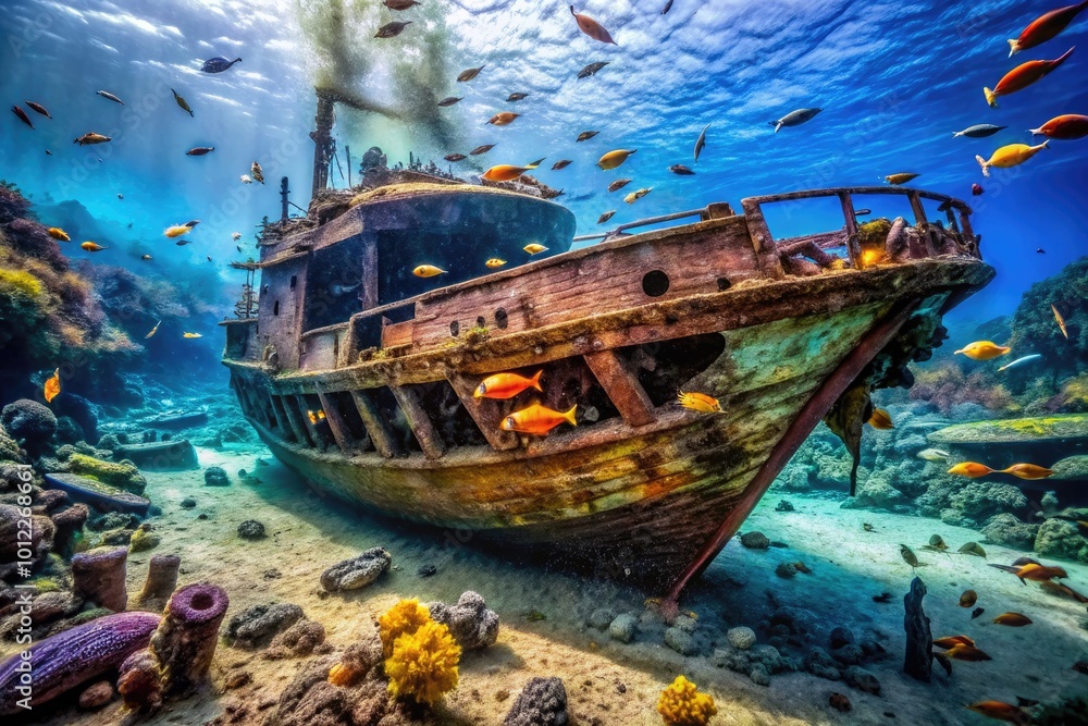 Historic shipwreck of Thomas Tew, showcasing marine life and underwater exploration in the ocean Historic shipwreck of Thomas Tew, showcasing marine life and underwater exploration in the ocean