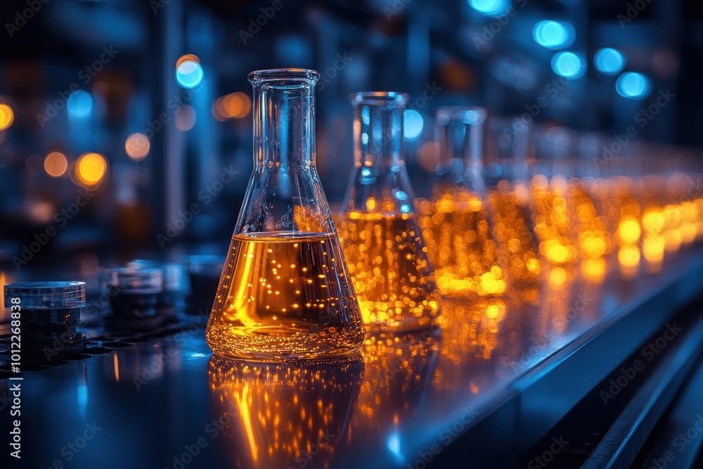 A row of beakers filled with a glowing orange liquid in a laboratory setting, with a blurred background of lights. A row of beakers filled with a glowing orange liquid in a laboratory setting, with a blurred background of lights.
