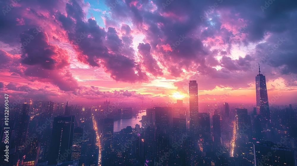 Fototapeta premium Dramatic city skyline featuring towering skyscrapers against a vibrant sunset sky wallpaper