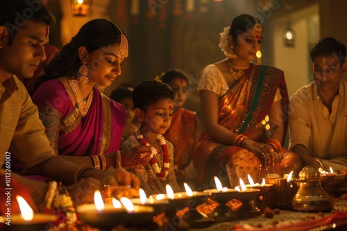 Traditional Lakshmi Puja Ritual with Family Lighting Diyas and Offering Prayers photo