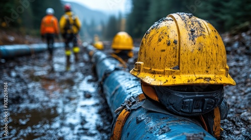 Close-up of muddy yellow hard hats resting on a large pipe, with two construction workers walking away in the background. photo