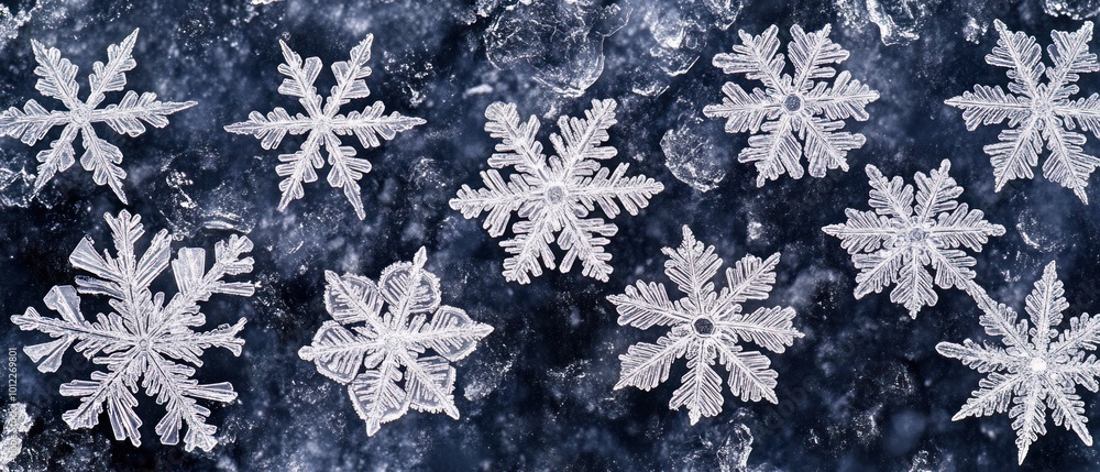 Close-up of delicate white snowflakes on a dark background. Close-up of delicate white snowflakes on a dark background.