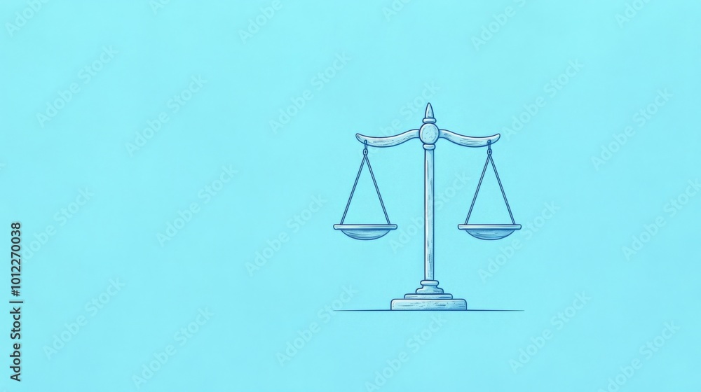 Cartoon Illustration of Scales of Justice on a Blue Background with Pastel Colors Cartoon Illustration of Scales of Justice on a Blue Background with Pastel Colors
