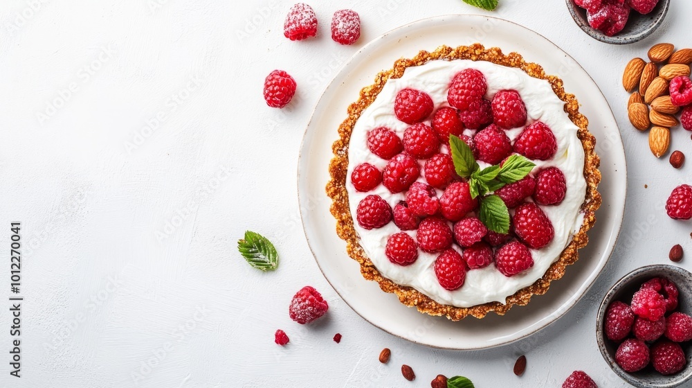 Almond flour raspberry tart with coconut cream, white background. generative ai Almond flour raspberry tart with coconut cream, white background. generative ai