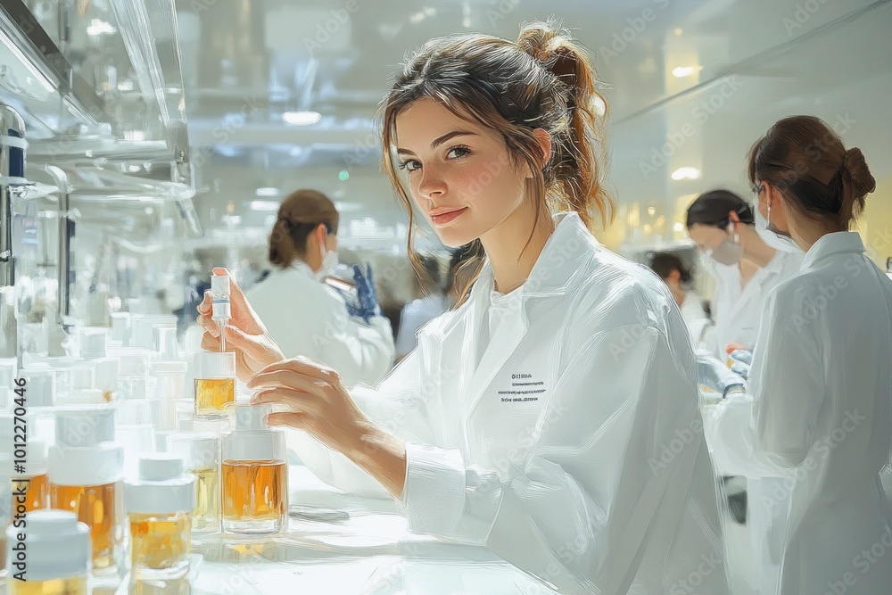 A young woman in a white lab coat looks directly at the camera as she examines a bottle of liquid. She is surrounded by other scientists in a laboratory setting. A young woman in a white lab coat looks directly at the camera as she examines a bottle of liquid. She is surrounded by other scientists in a laboratory setting.