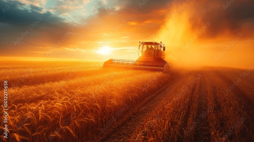 A red tractor harvests wheat in a field at sunset, kicking up dust. A red tractor harvests wheat in a field at sunset, kicking up dust.