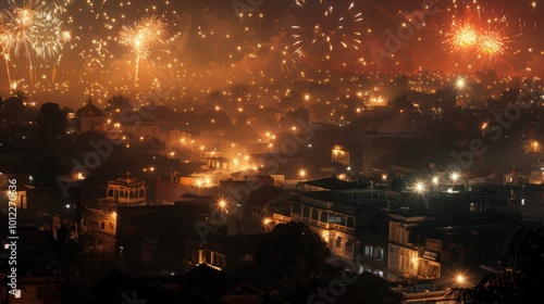 Bandi Chhor Divas Celebration with Illuminated Sikh Neighborhood and Fireworks Display photo