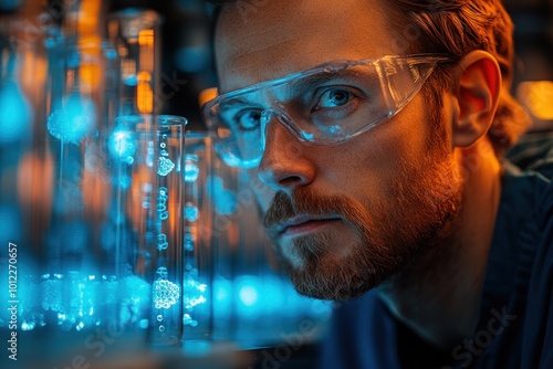 A scientist in a lab coat and safety goggles looks intently at test tubes filled with glowing liquid.