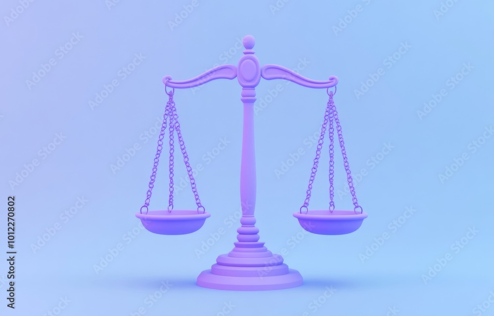 Cute Cartoon Style 3D Rendering of Scales of Justice on a Light Blue Background with a Purple Base Cute Cartoon Style 3D Rendering of Scales of Justice on a Light Blue Background with a Purple Base