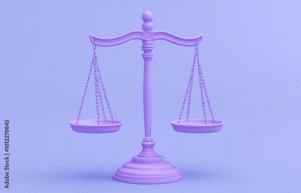 Cute Cartoon Style 3D Rendering of Scales of Justice on a Light Blue Background with a Purple Base Cute Cartoon Style 3D Rendering of Scales of Justice on a Light Blue Background with a Purple Base