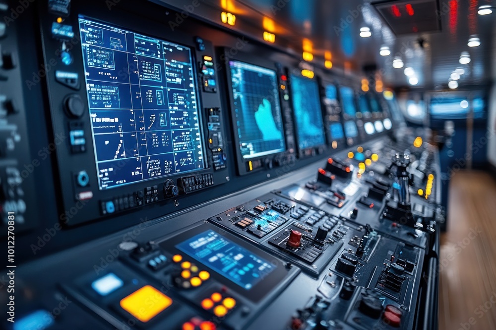 A close-up of a control panel in a modern technological setting, with multiple monitors and buttons. A close-up of a control panel in a modern technological setting, with multiple monitors and buttons.