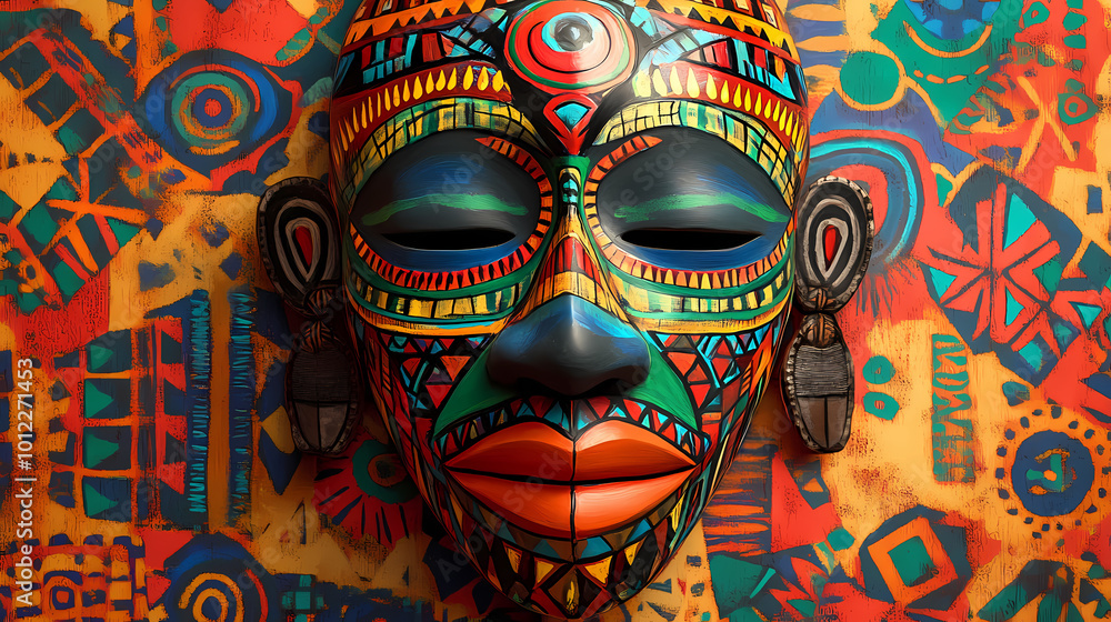 African clay mask with colorful background , african, clay mask, traditional, cultural, artwork, colorful, vibrant, tribal. African Tribal Ceremony. Illustration African clay mask with colorful background , african, clay mask, traditional, cultural, artwork, colorful, vibrant, tribal. African Tribal Ceremony. Illustration