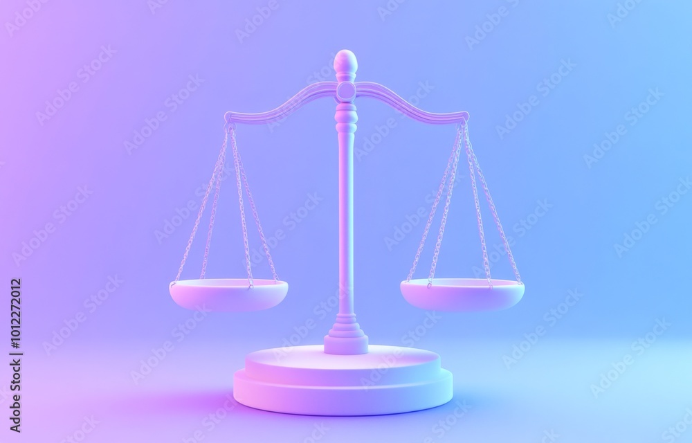 Cute Cartoon Style 3D Rendering of Scales of Justice on a Light Blue Background with a Purple Base Cute Cartoon Style 3D Rendering of Scales of Justice on a Light Blue Background with a Purple Base