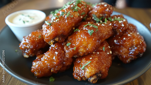 Closeup of Spicy Chicken Wings with Sesame Seeds and Dip