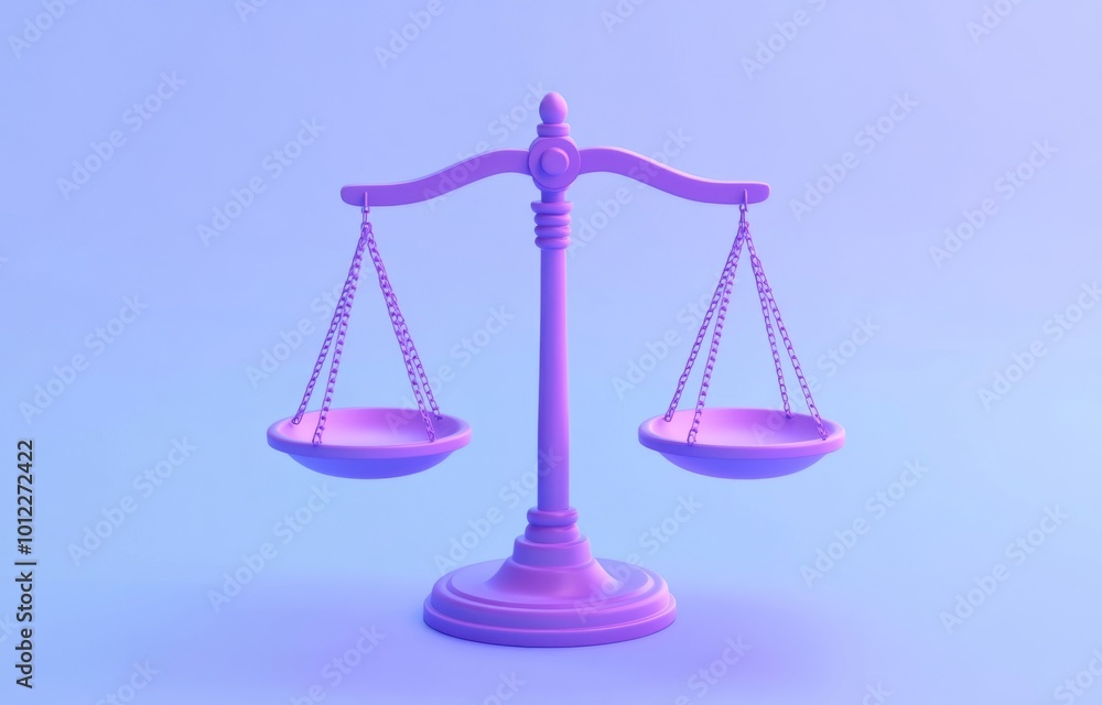 Cute Cartoon Style 3D Rendering of Scales of Justice on a Light Blue Background with a Purple Base Cute Cartoon Style 3D Rendering of Scales of Justice on a Light Blue Background with a Purple Base