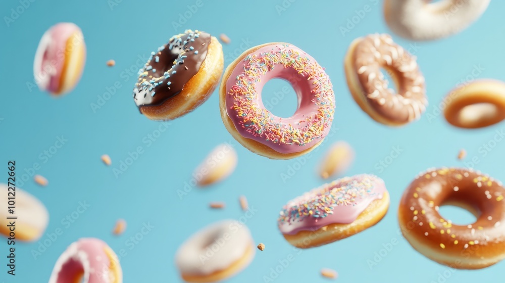 Assorted donuts with unique designs falling through the air in dynamic generative ai Assorted donuts with unique designs falling through the air in dynamic generative ai