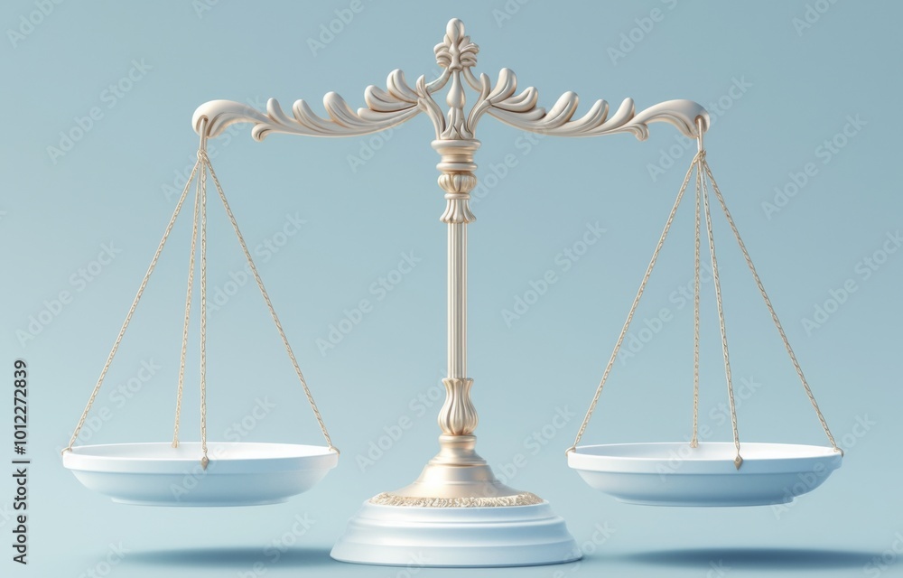 Minimalistic 3D Rendering of Scales of Justice on a Pastel Blue Background, Symbolizing Fairness and Equity in Law and Society. Minimalistic 3D Rendering of Scales of Justice on a Pastel Blue Background, Symbolizing Fairness and Equity in Law and Society.