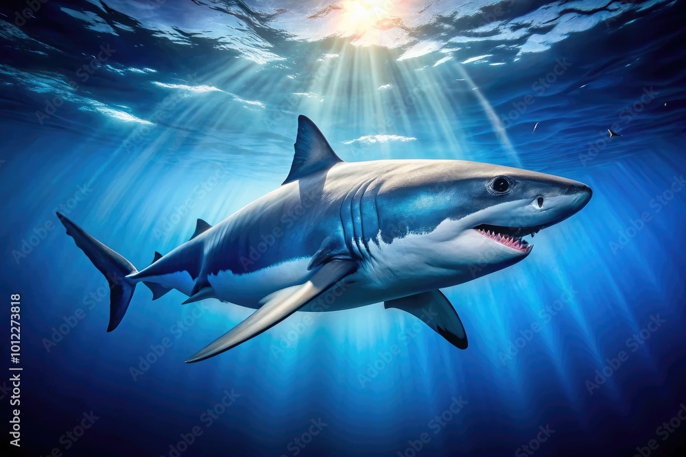 Obraz premium Illustrative Clip Art of Great White Shark Swimming in Deep Blue Ocean for Marine Life Projects