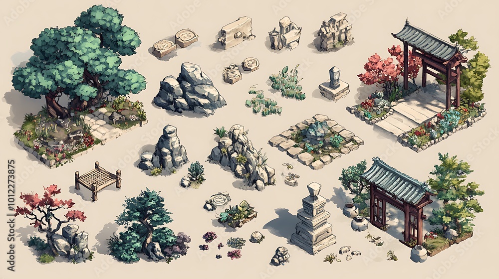 Fototapeta premium Isometric Garden Design Elements, Trees, Rocks, Gates & More for Game or Illustration