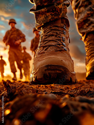 A close-up of a soldier's boot in a muddy terrain as fellow soldiers march in the background during sunset. photo