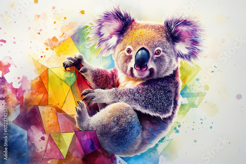 Farbenfroher Koala klettert an einer Wand aus geometrischen Formen – Abstrakte Aquarellkunst für die Zimmerwand photo