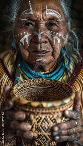 Elder Indigenous Woman with Traditional Face Paint and Woven Basket Symbolizing Heritage and Craftsmanship