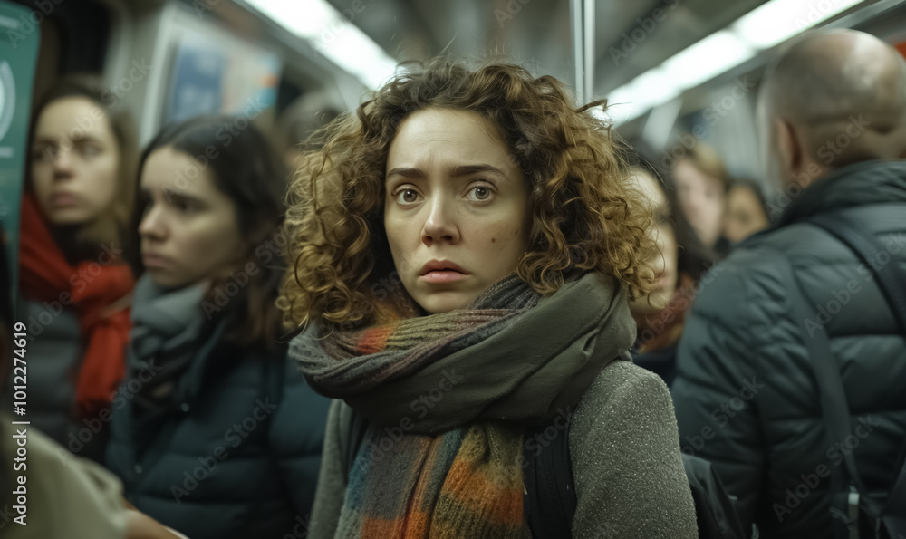 young woman stands in crowded subway train, her serious expression reflecting the busy, focused, anxious energy of commuters during morning rush hour in bustling city young woman stands in crowded subway train, her serious expression reflecting the busy, focused, anxious energy of commuters during morning rush hour in bustling city