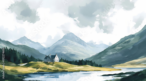 An impressionist style watercolour illustration of the iconic scottish highlands landscape. Scottish Highlands. Illustration