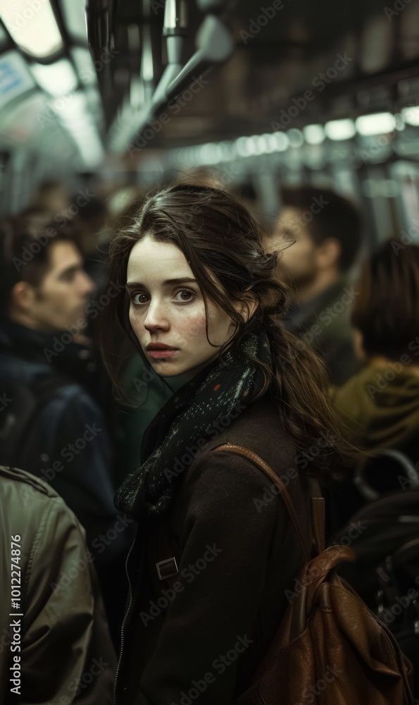 young woman stands in crowded subway train, her serious expression reflecting the busy, focused, anxious energy of commuters during morning rush hour in bustling city young woman stands in crowded subway train, her serious expression reflecting the busy, focused, anxious energy of commuters during morning rush hour in bustling city