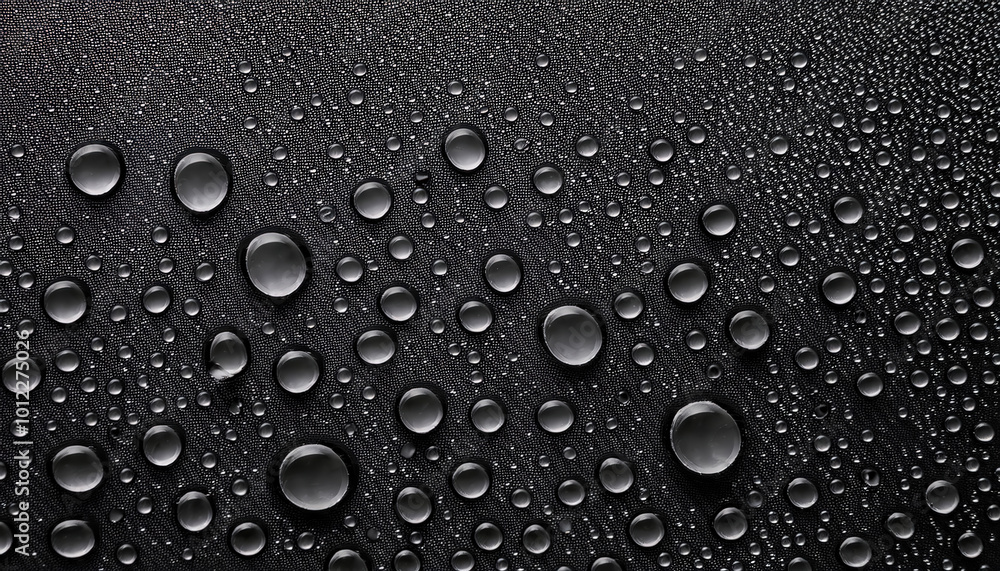 Water drops on a black background create a glass-like texture, showcasing droplets on a surface wet with dew, enhancing the sense of freshness and clarity Water drops on a black background create a glass-like texture, showcasing droplets on a surface wet with dew, enhancing the sense of freshness and clarity