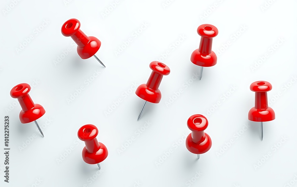 Red pushpin top view. Thumbtack for note attach collection. Realistic 3d push pins pinned in different angles vector set Red pushpin top view. Thumbtack for note attach collection. Realistic 3d push pins pinned in different angles vector set