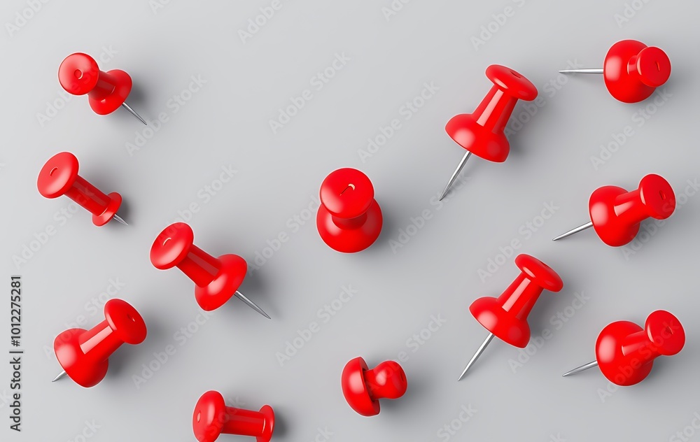 Red pushpin top view. Thumbtack for note attach collection. Realistic 3d push pins pinned in different angles vector set Red pushpin top view. Thumbtack for note attach collection. Realistic 3d push pins pinned in different angles vector set